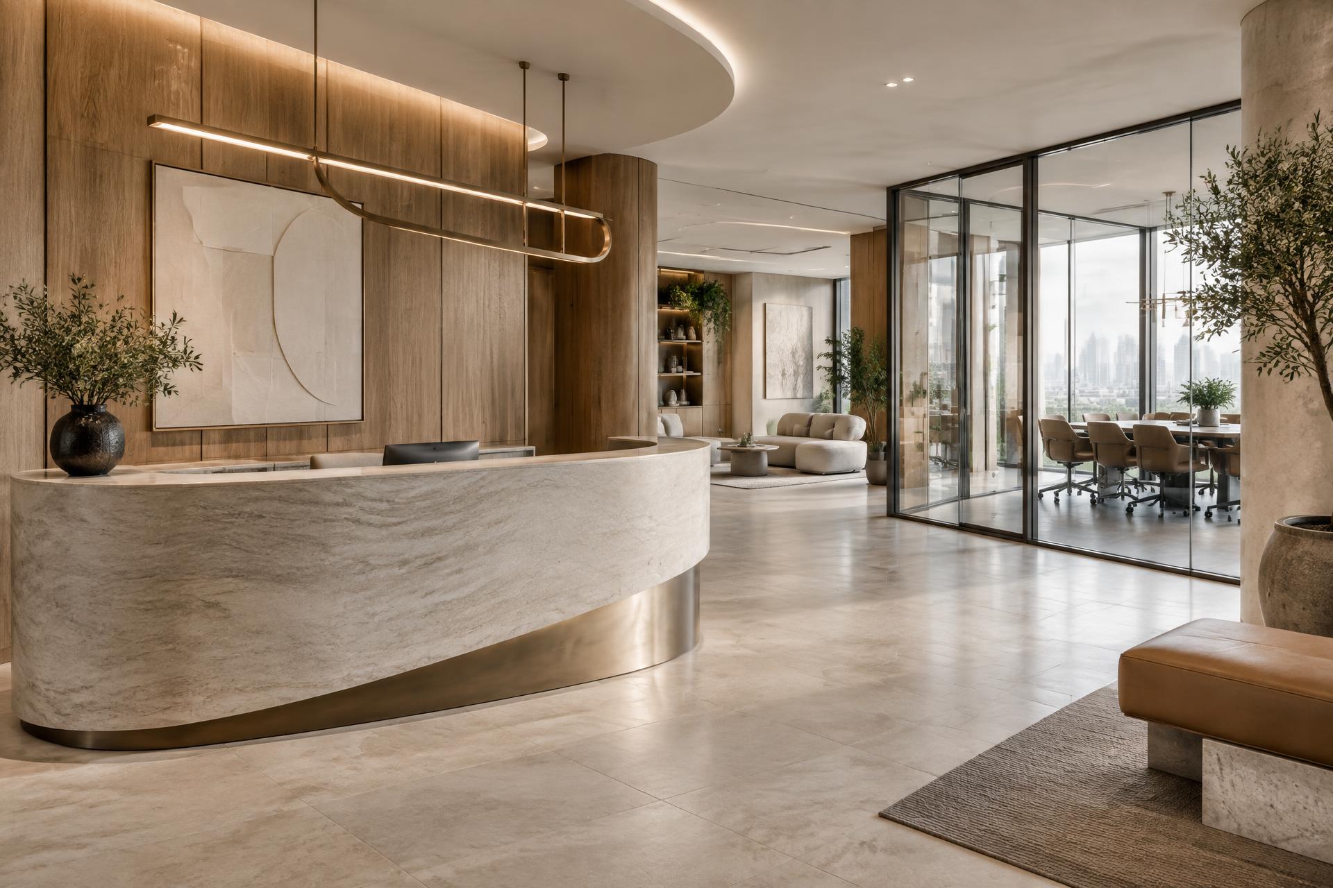 Warm contemporary office reception with curved stone desk and glass meeting room